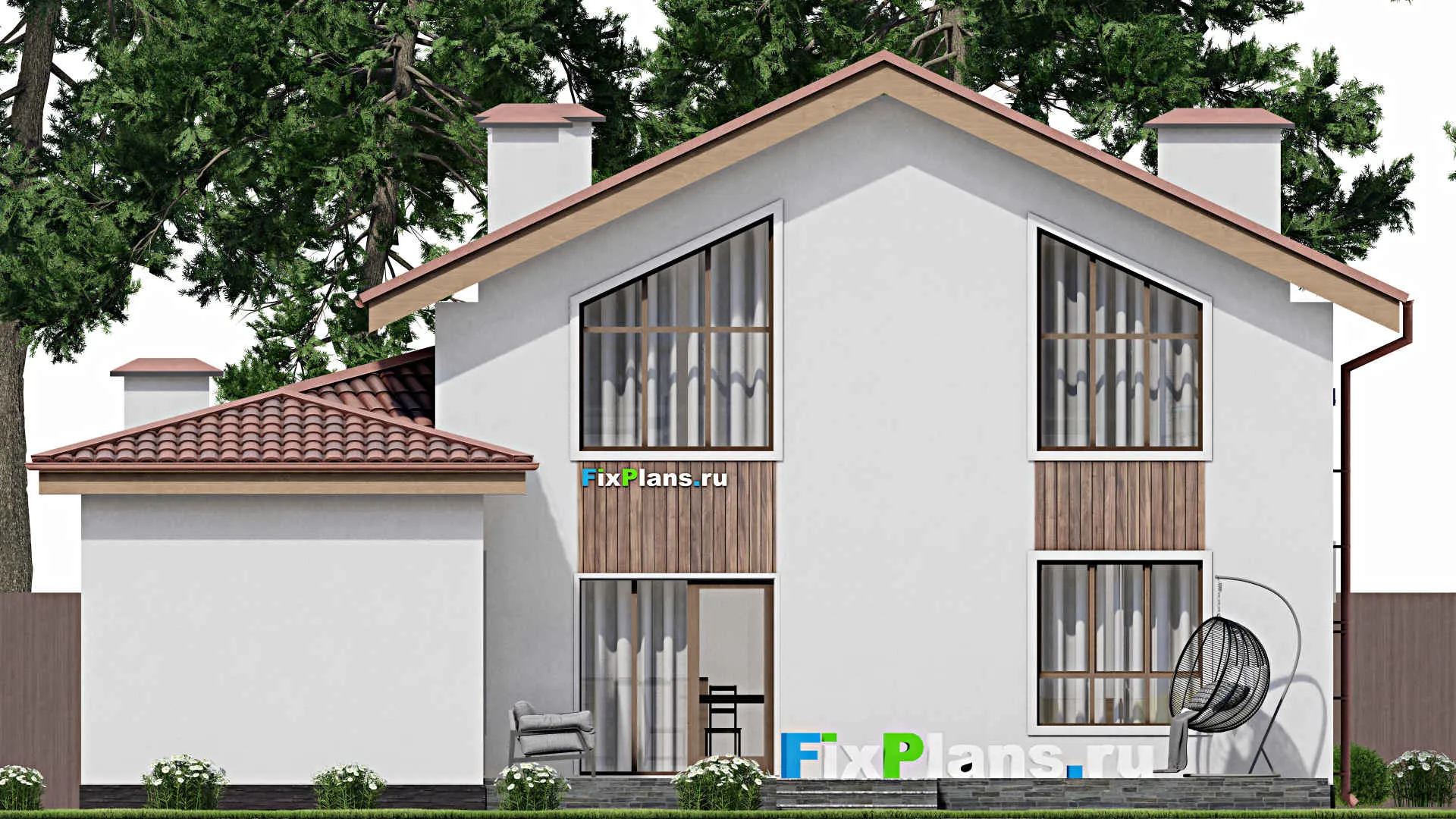 F-10106 - Проект дома с мансардой 14 на 16, площадью 260 м² с террасой, баней и 3 спальнями