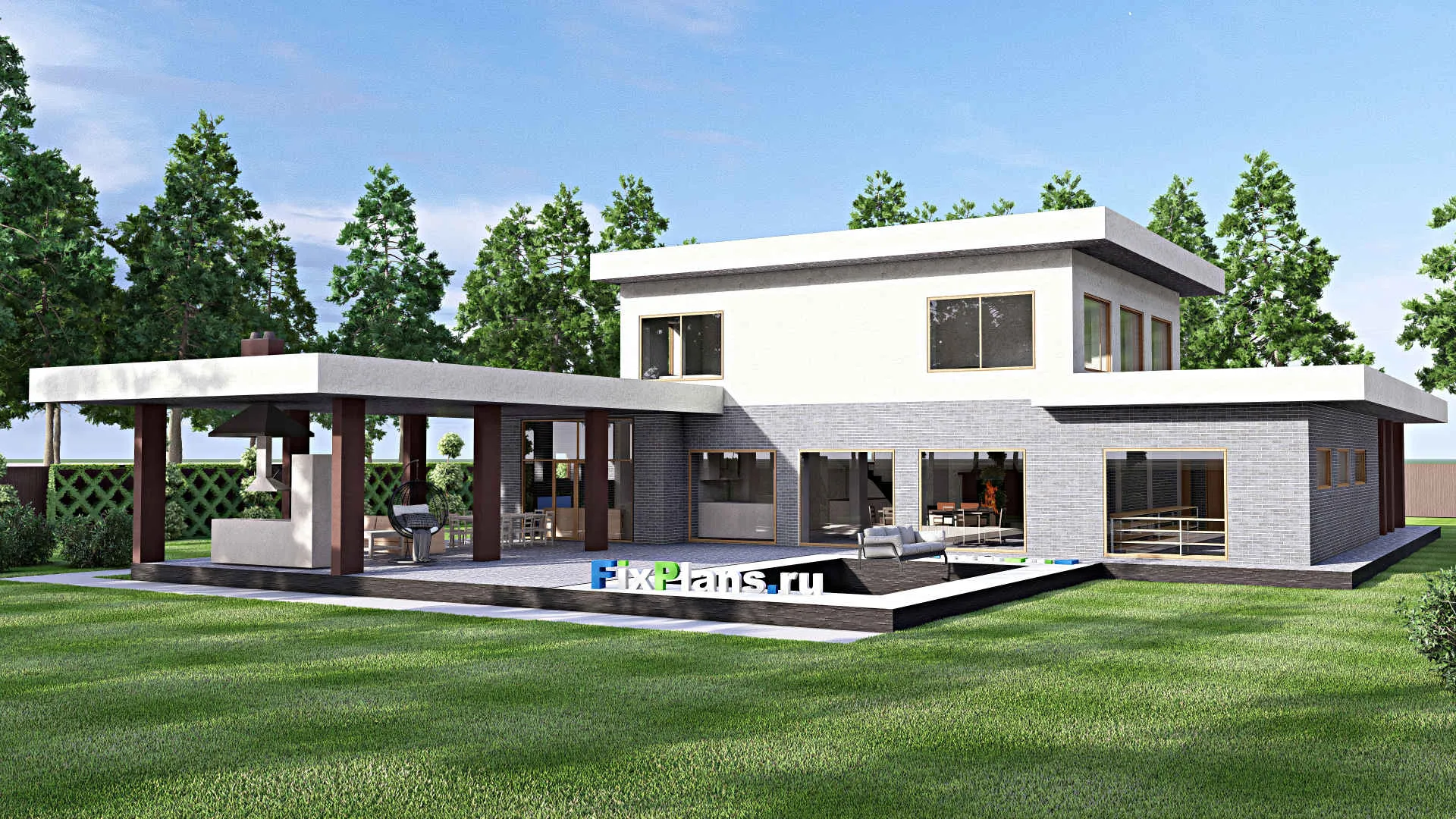 F-5327 - Проект двухэтажного дома 22 на 33, площадью 360 м² с террасой, баней, гаражом на 2 машины и 3 спальнями