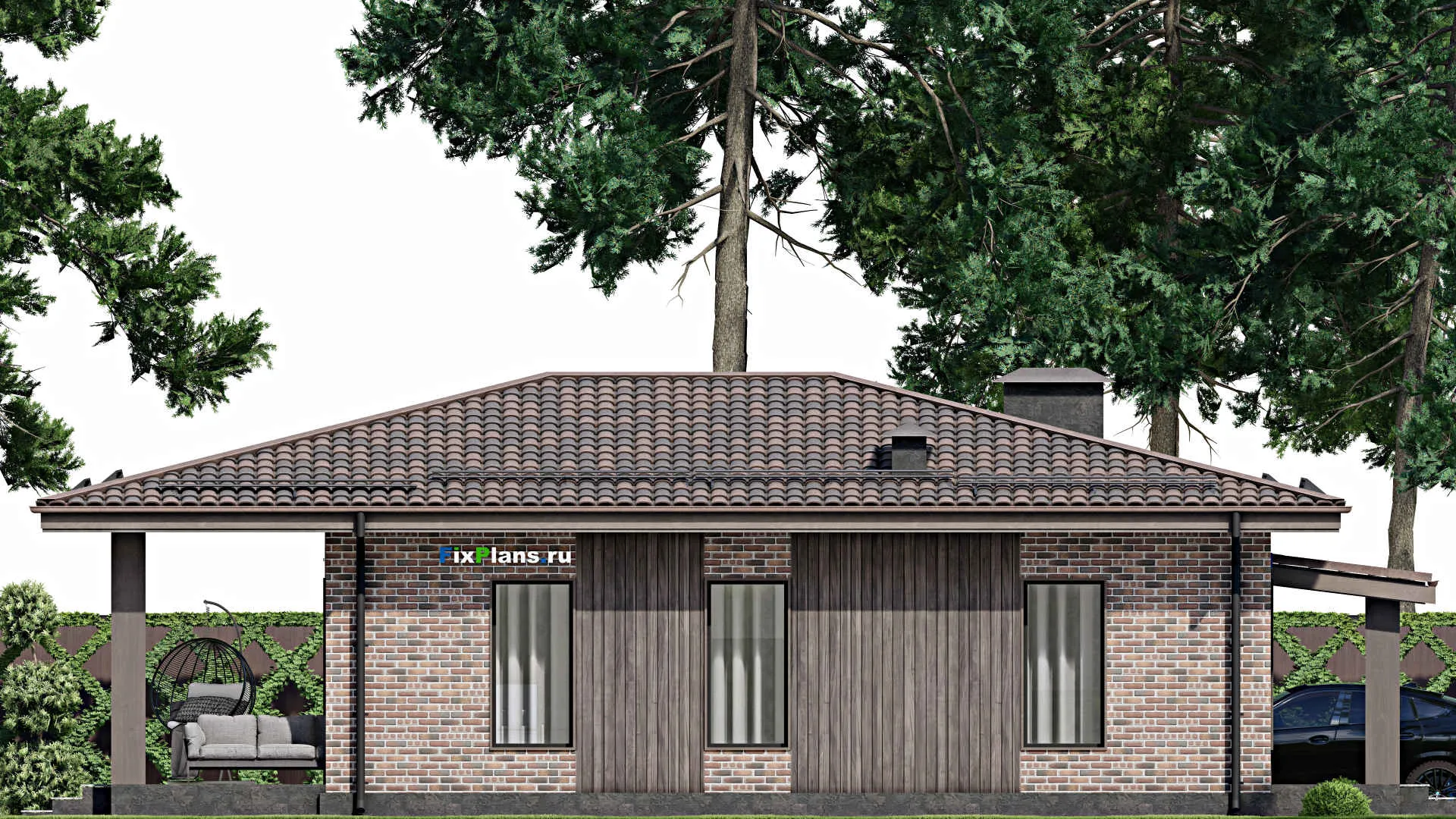 F-4112 - Проект одноэтажного дома 11 на 11, площадью 130 м² с террасой и 3 спальнями