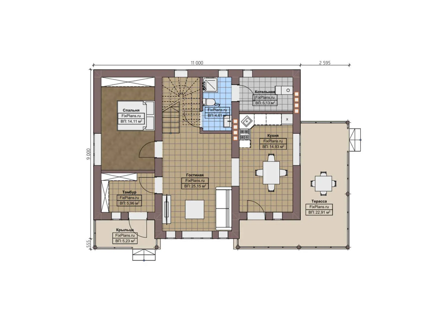 F-3815 - Планы дома с мансардой 9 на 11, площадью 170 м² с террасой и 4 спальнями