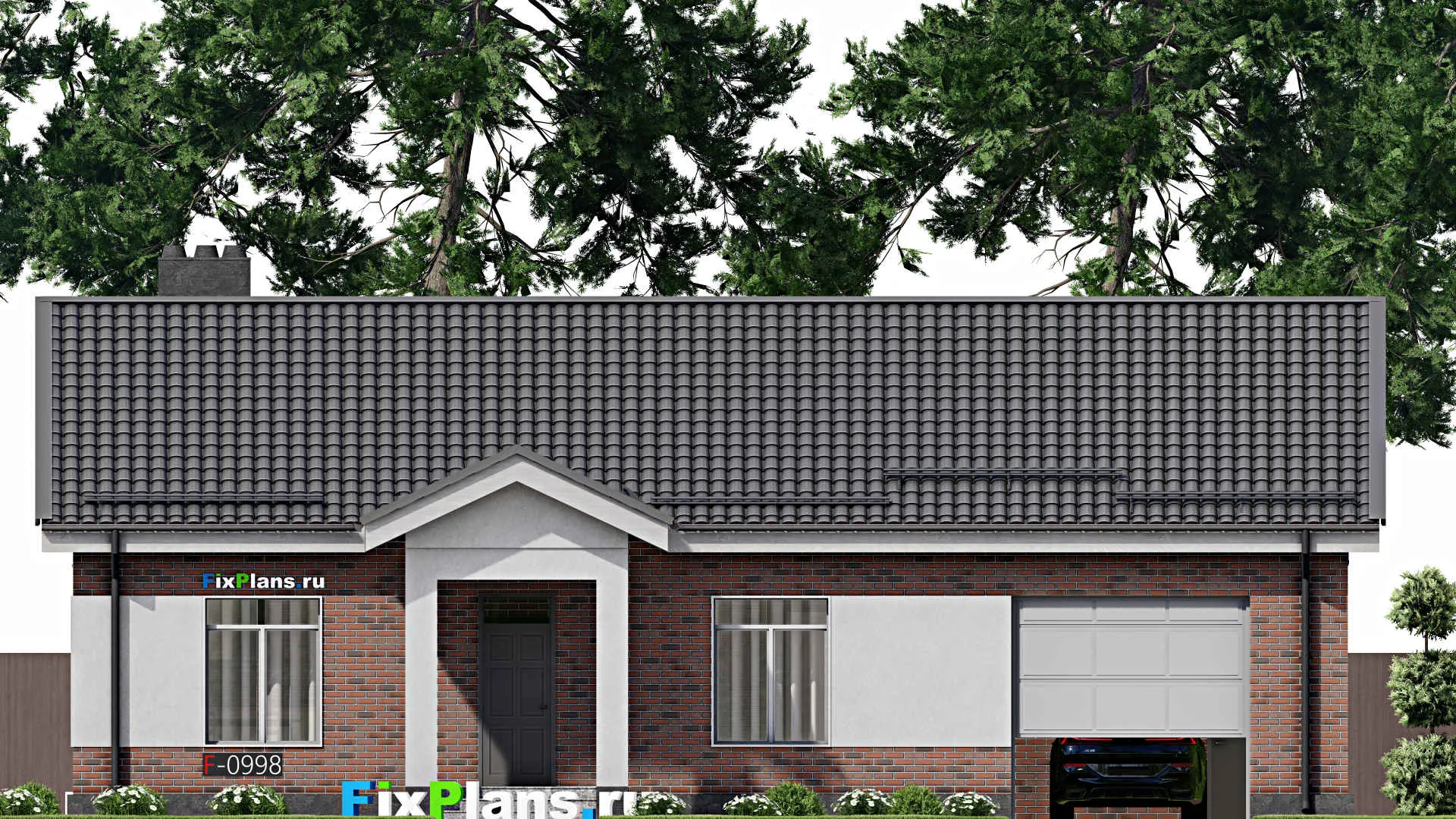 F-0998 - Проект одноэтажного дома 12 на 17, площадью 140 м² с гаражом на 1 машину и 3 спальнями