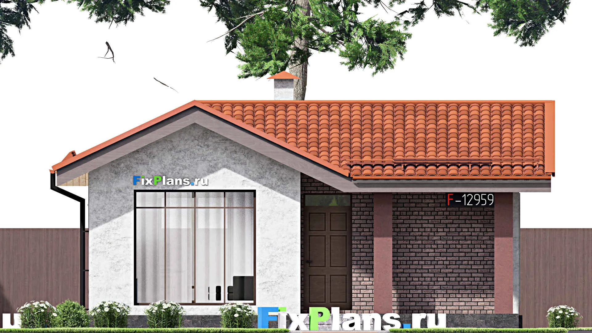 F-12959 - План одноэтажного дома 9 на 9, площадью 60 м² с террасой и 2 спальнями