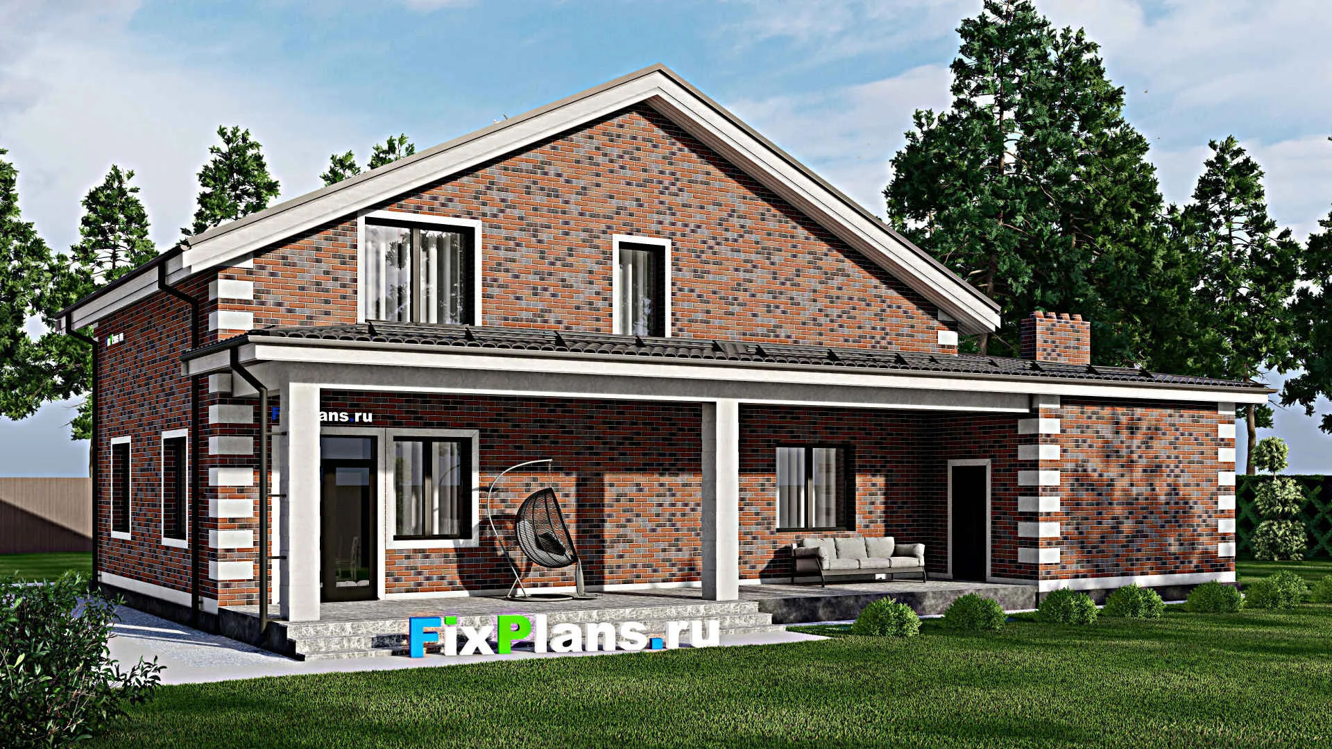 F-2483 - Проект дома с мансардой 14 на 19, площадью 300 м² с террасой, баней, гаражом на 1 машину и 4 спальнями