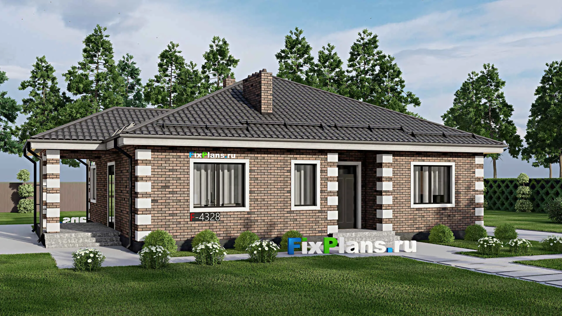F-4328 - Проект одноэтажного дома 13 на 14, площадью 150 м² с террасой и 3 спальнями