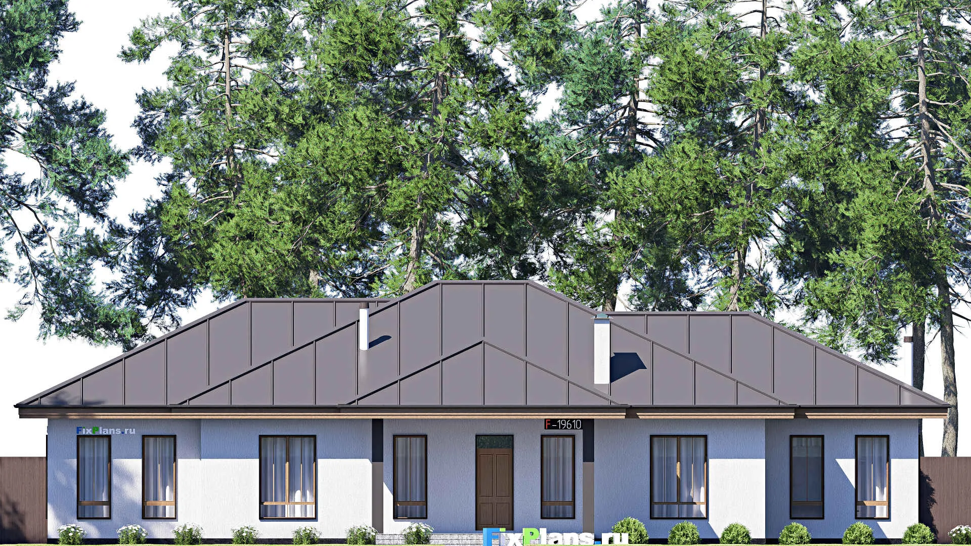 F-19610 - Проект одноэтажного дома 17 на 23, площадью 280 м² с террасой и 5 спальнями