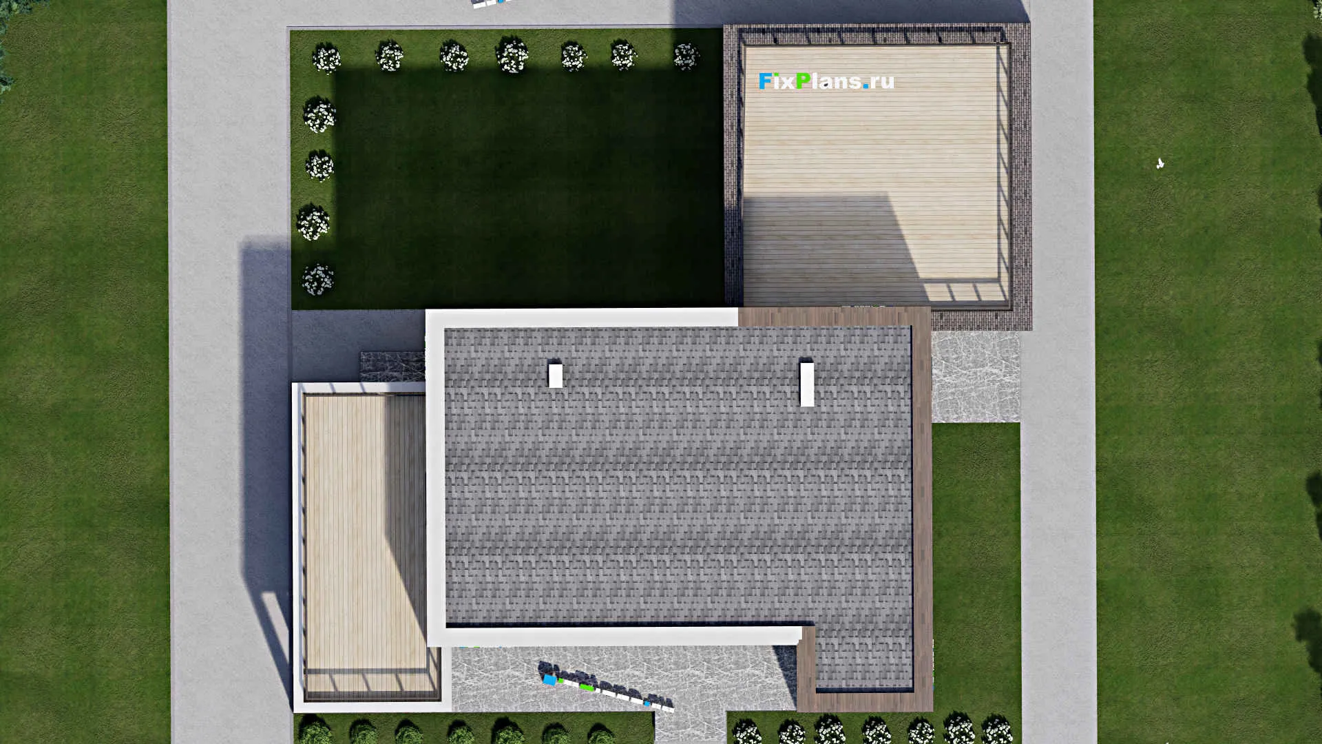 F-3572 - Проект двухэтажного дома 21 на 22, площадью 450 м² с террасой, баней, гаражом на 2 машины и 3 спальнями