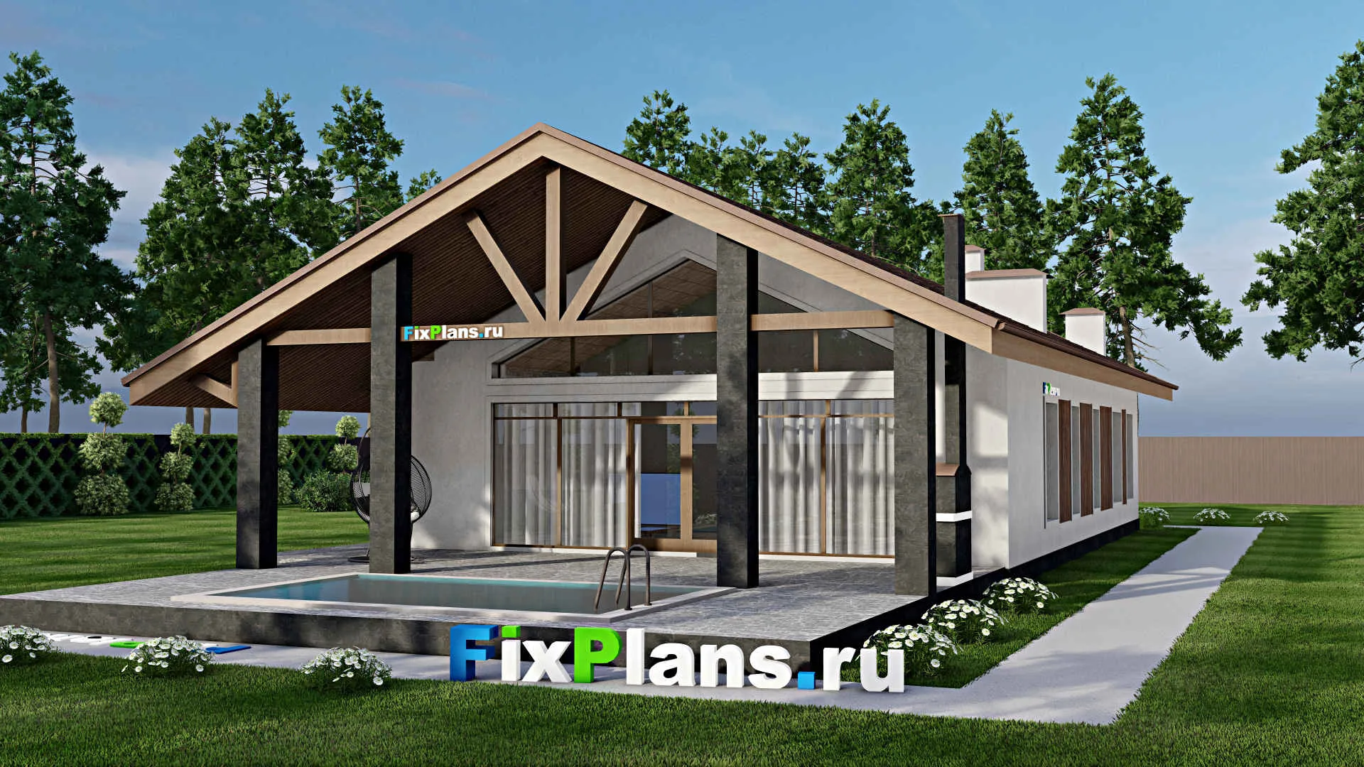 F-10187 - Проект одноэтажного дома 12 на 26, площадью 260 м² с террасой, баней и 2 спальнями