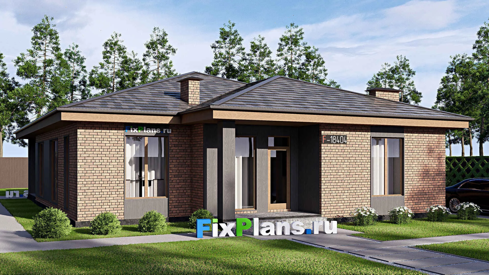 F-18404 - Проект одноэтажного дома 13 на 19, площадью 180 м² с террасой и 4 спальнями