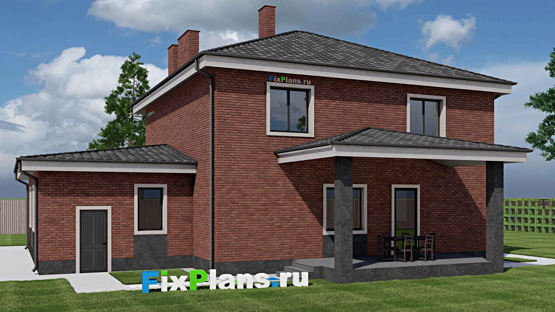 F-1493 - Проект двухэтажного дома 13 на 17, площадью 260 м² с террасой, баней, гаражом на 1 машину и 3 спальнями