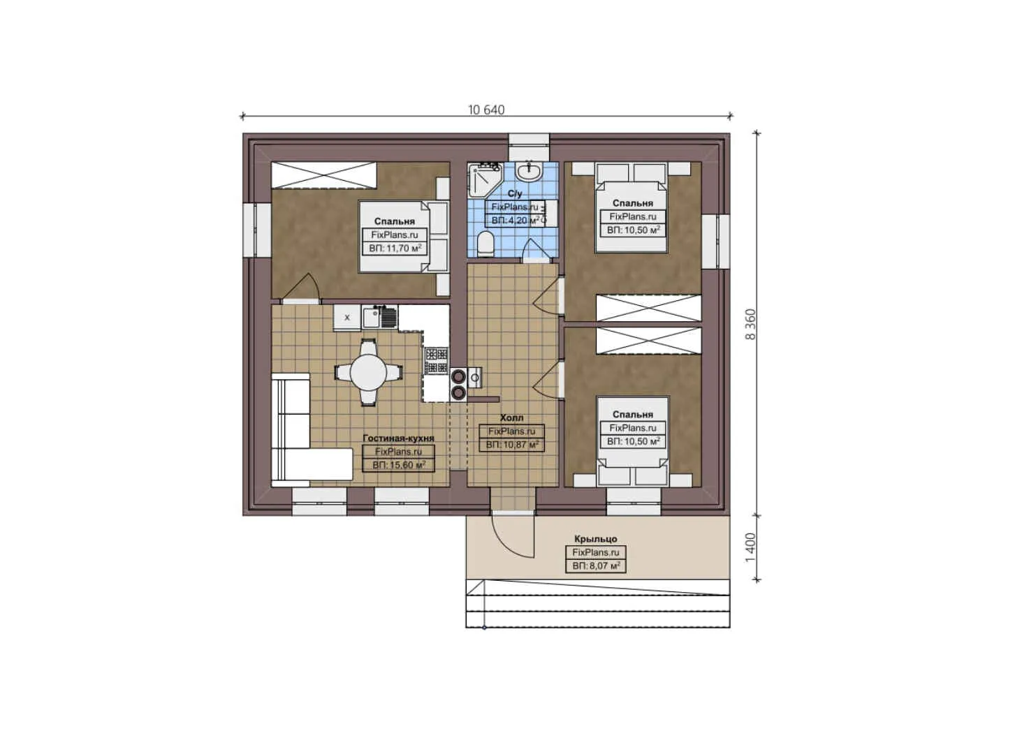 F-2348 - План одноэтажного дома 9 на 11, площадью 80 м² с 3 спальнями