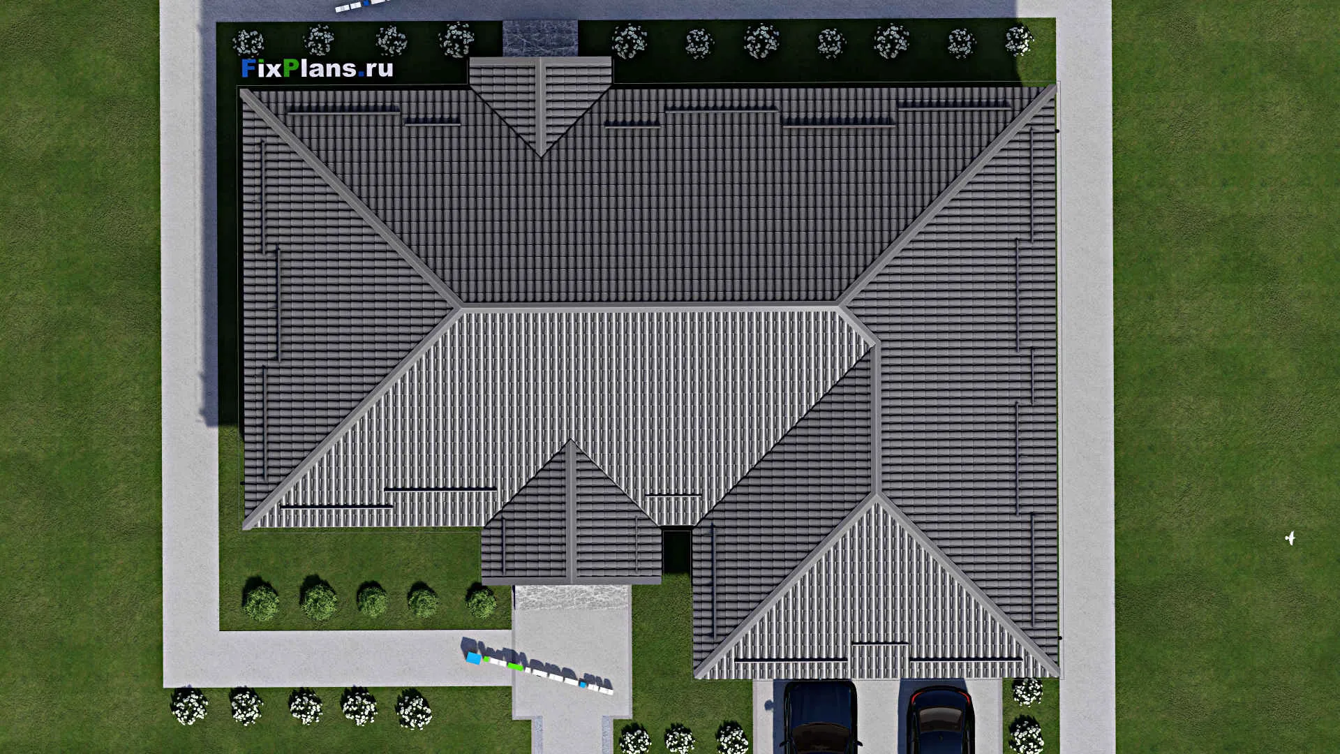 F-5003 - План одноэтажного дома 15 на 21, площадью 210 м² с гаражом на 2 машины и 2 спальнями