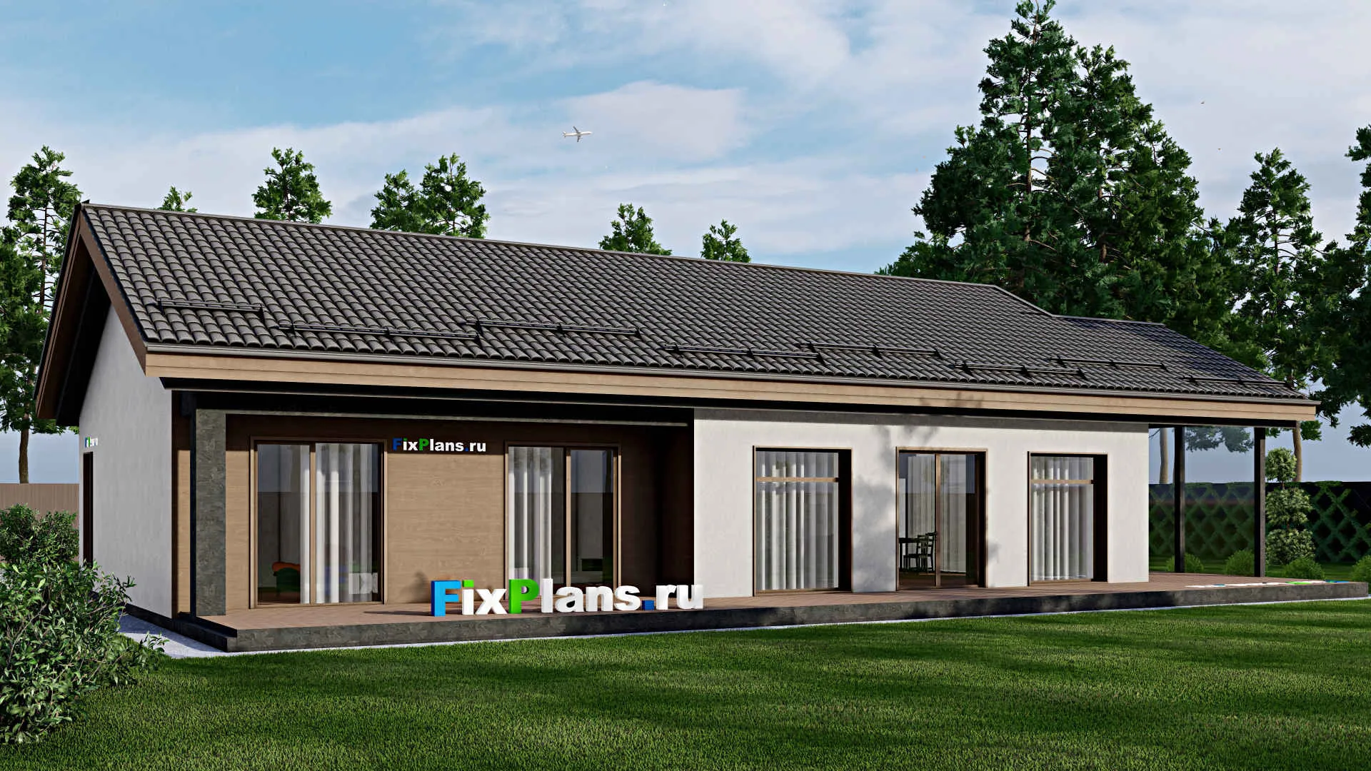 F-2492 - Проект одноэтажного дома 11 на 19, площадью 240 м² с террасой и 3 спальнями