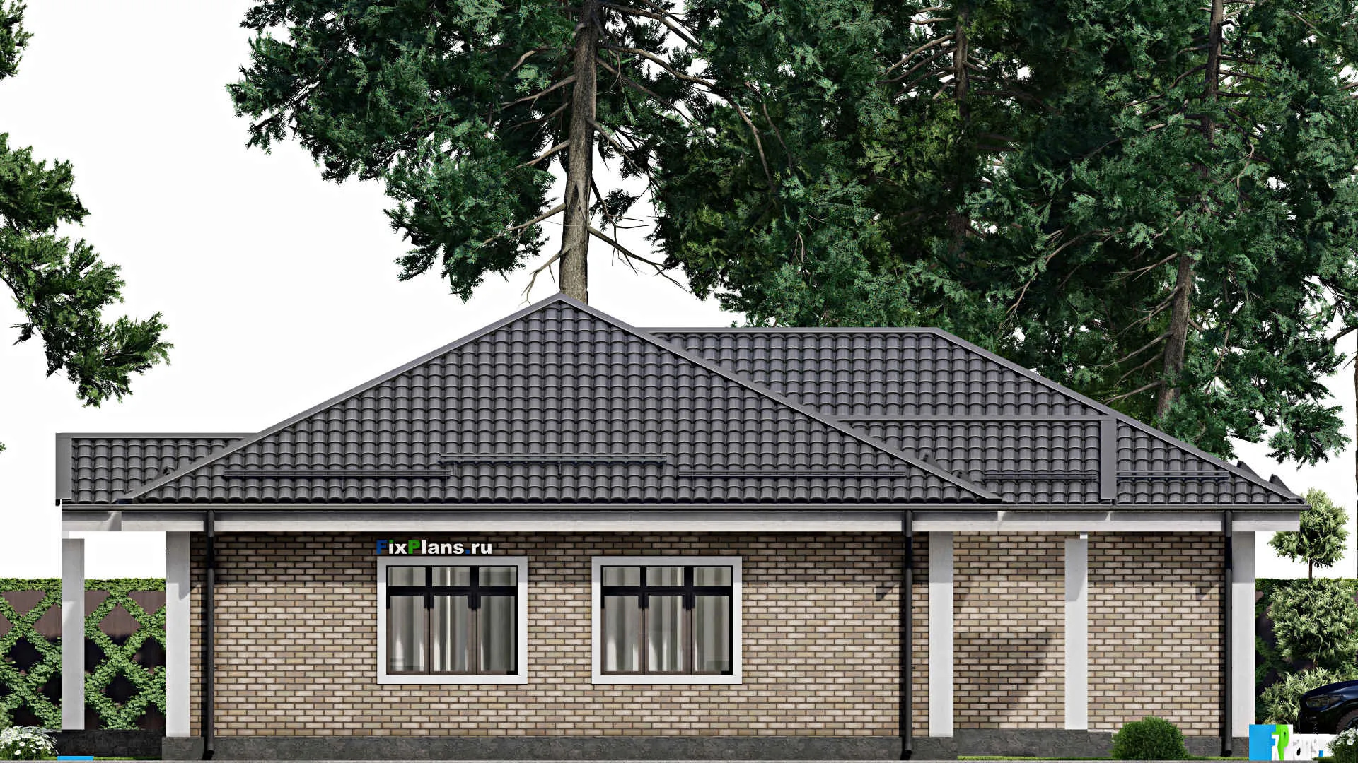 F-5003 - План одноэтажного дома 15 на 21, площадью 210 м² с гаражом на 2 машины и 2 спальнями