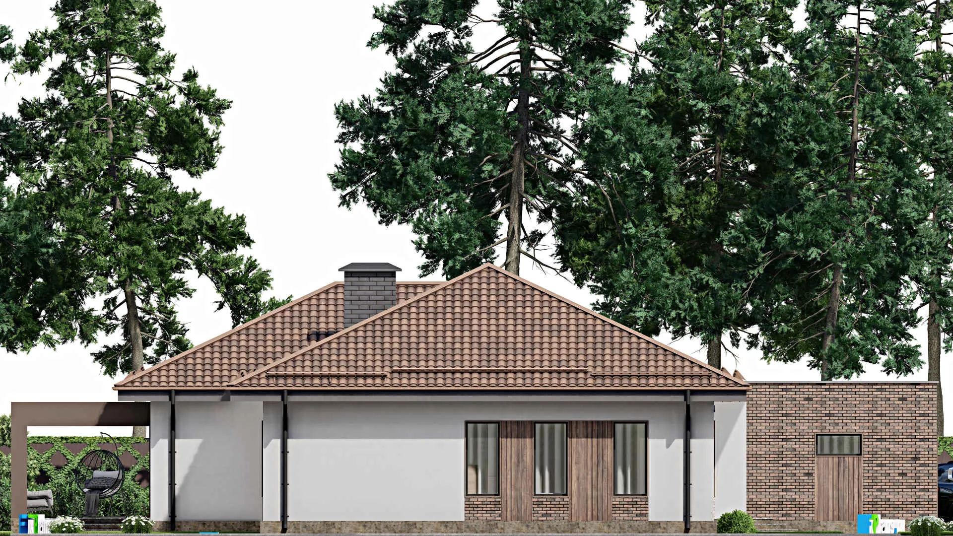 F-9026 - Проект одноэтажного дома 19 на 24, площадью 240 м² с террасой, гаражом на 2 машины и 3 спальнями