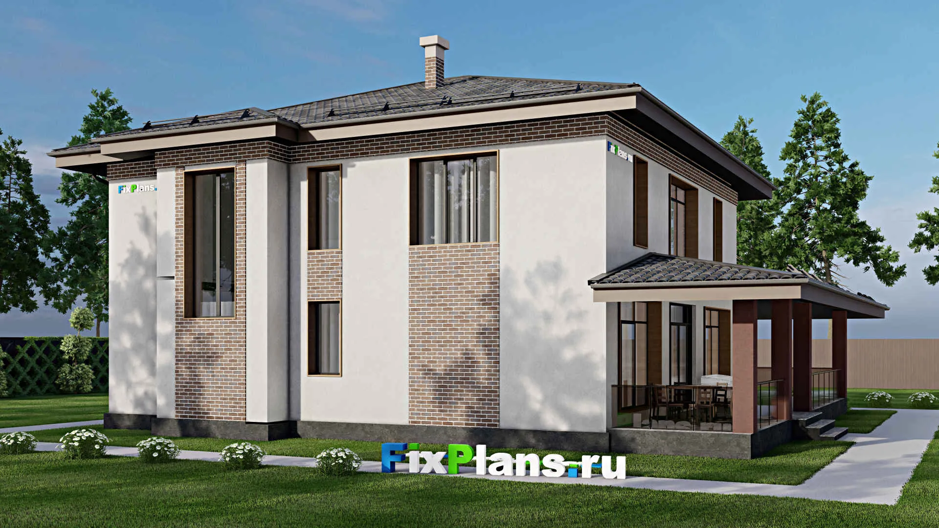 F-7352 - Проект двухэтажного дома 16 на 16, площадью 290 м² с террасой и 3 спальнями